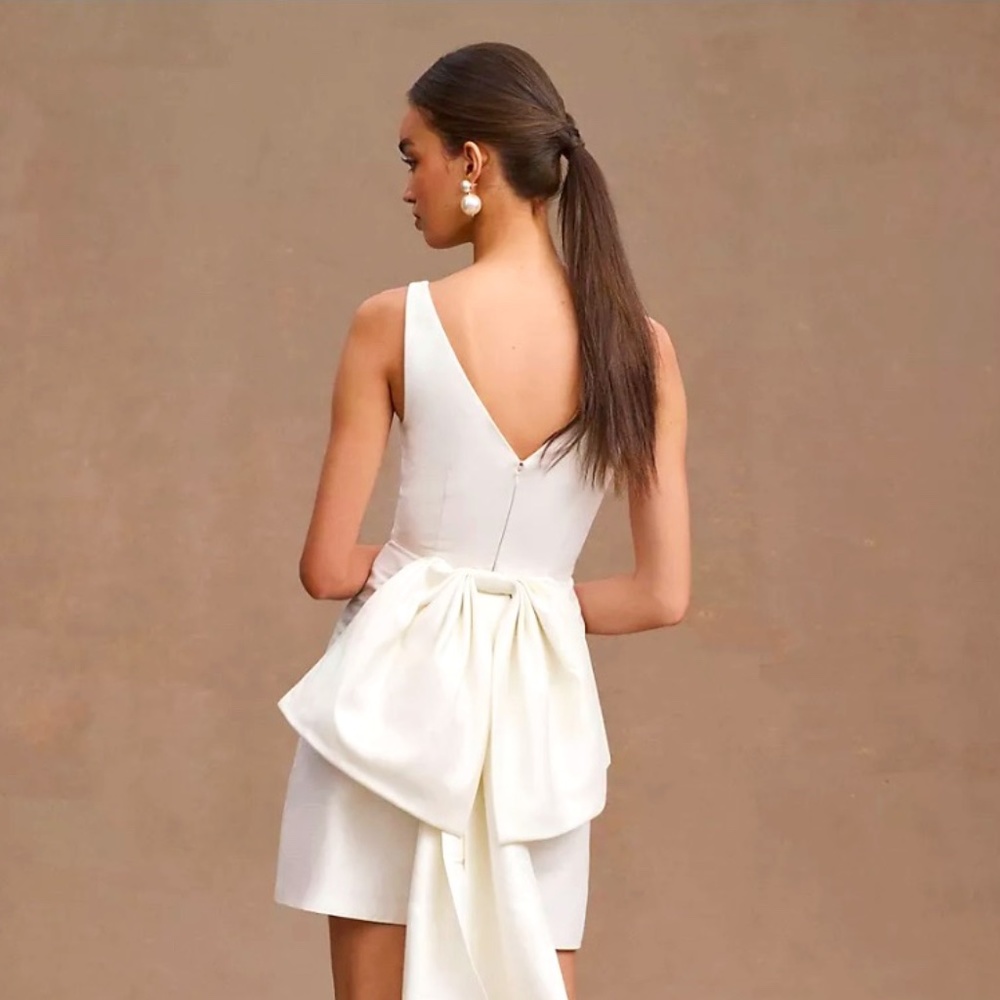 Ivory BHLDN Sachin & Babi Archie V-Neck Back-Bow Mini Dress